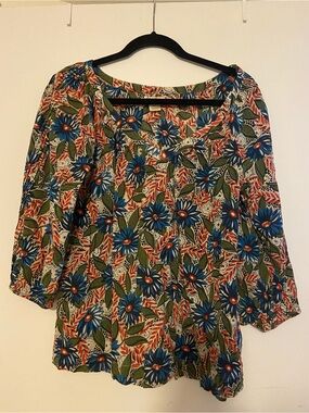 Lucky Brand Blue Floral Peasant Top with Olive and Red Accents